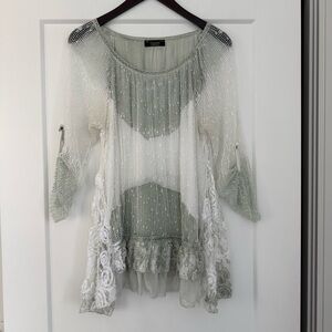 CHERISHH SILK BLEND TUNIC TOP IN OFF WHITE & AQUA